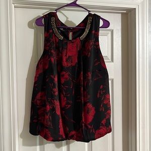2/$10 AGB Red & Black Floral Patterned Dress Blouse